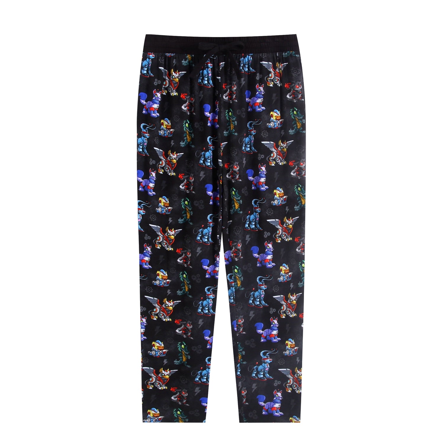 Black unisex adult sleep pants with a repeating Neopets robot pattern.