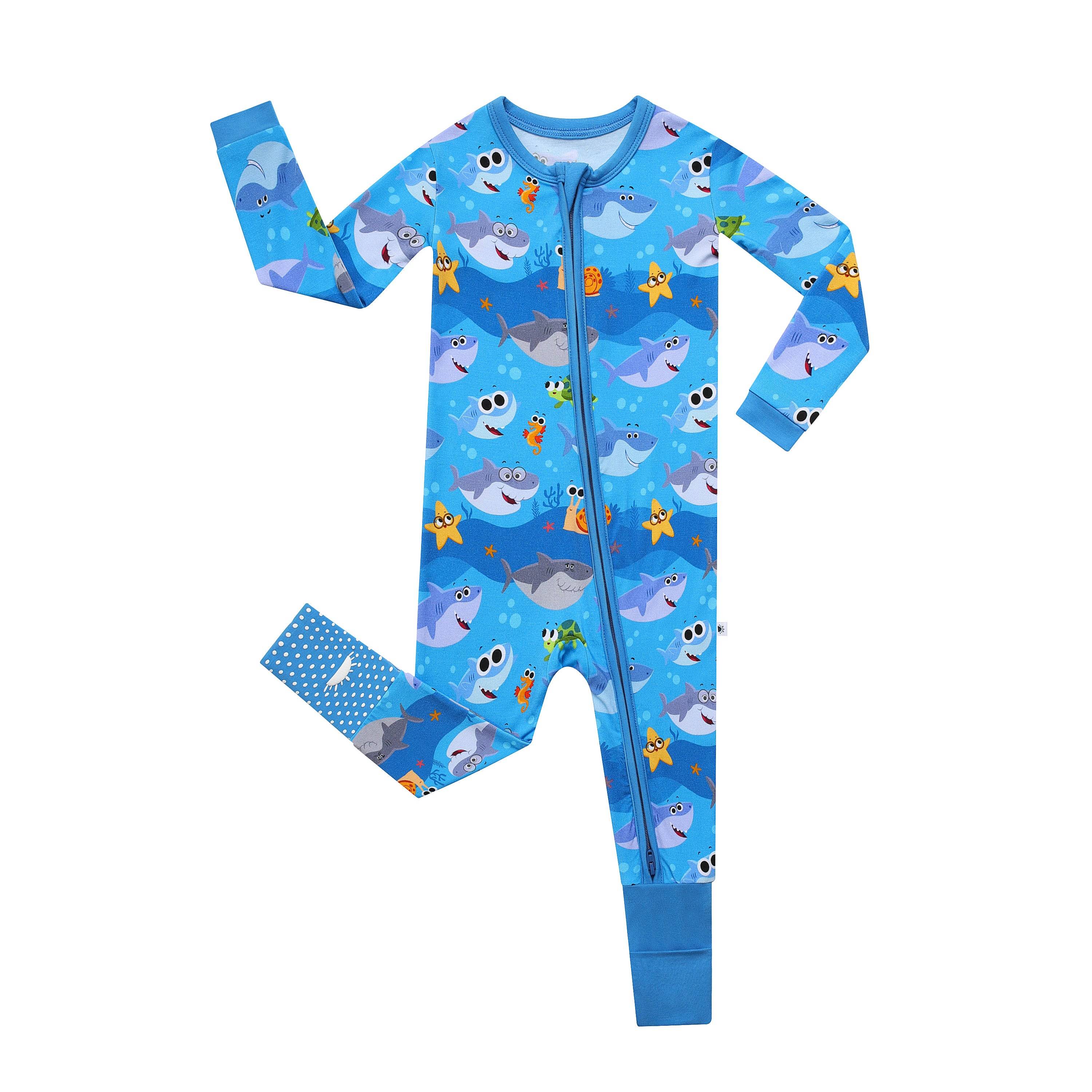 Blue bamboo viscose pajamas with a baby shark print.