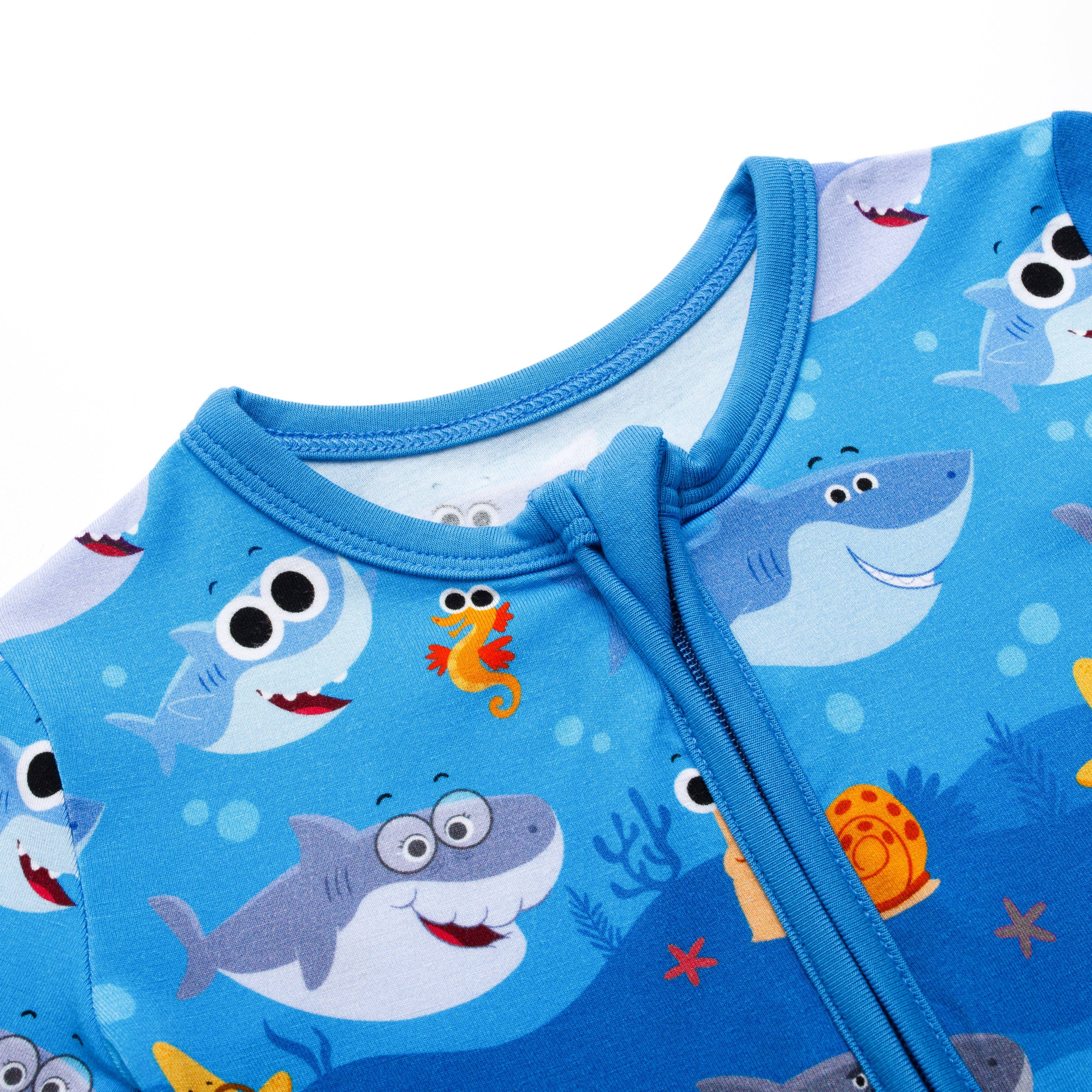 Blue bamboo viscose pajama with a playful baby shark print.