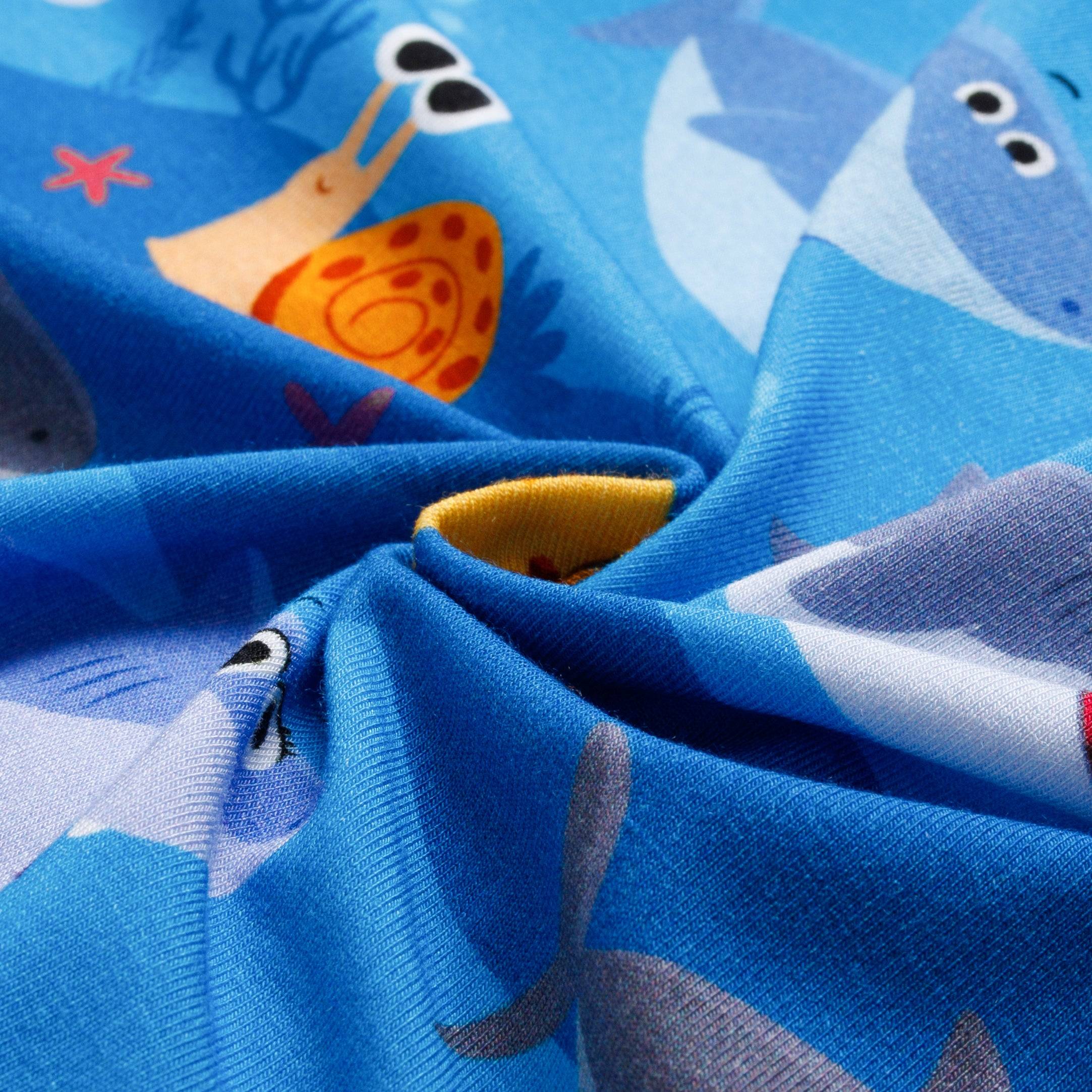 Blue bamboo viscose pajamas with a playful Baby Shark and sea creature print.
