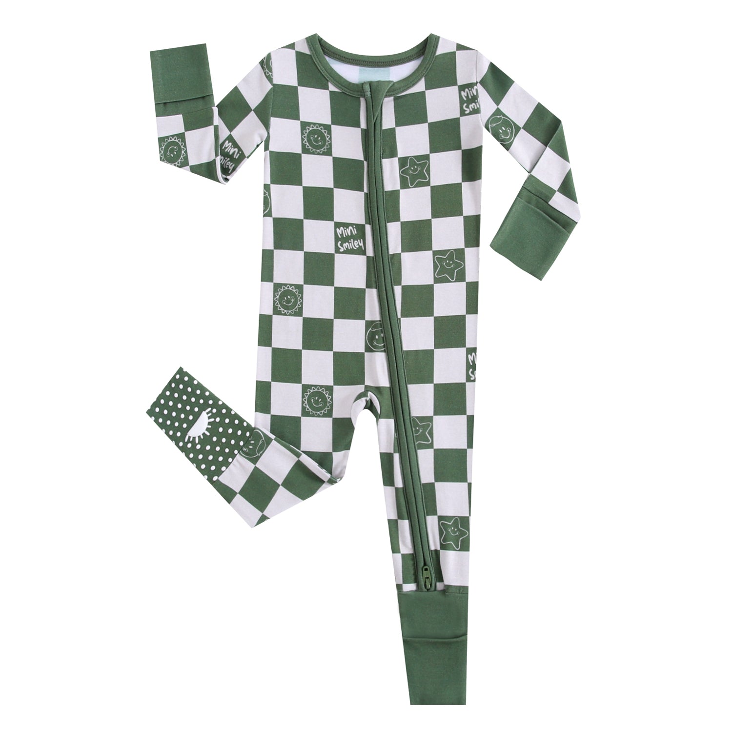 Green and white checkered bamboo footie pajamas with smiley faces and stars.