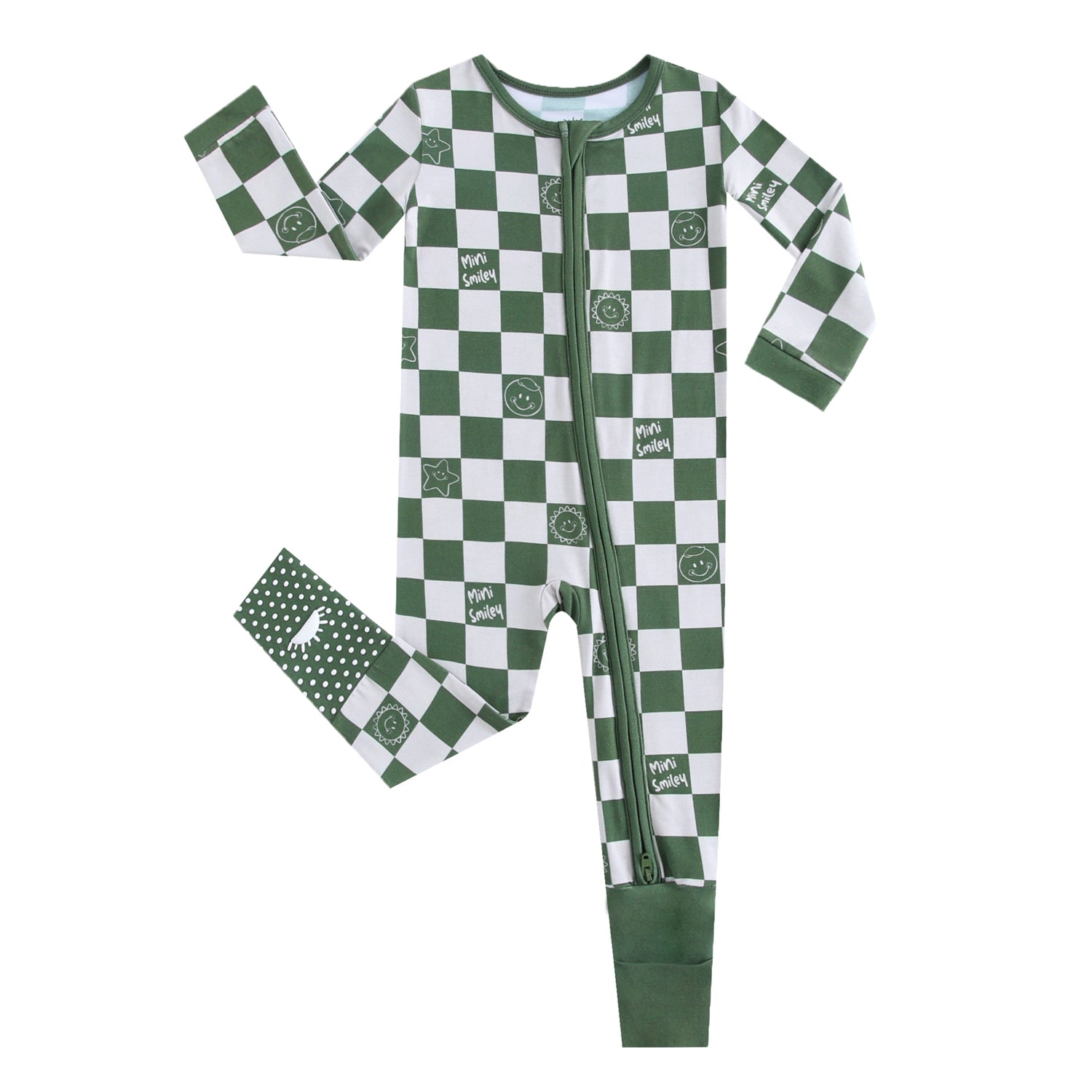 Green and white checkered bamboo pajamas with smiley faces.