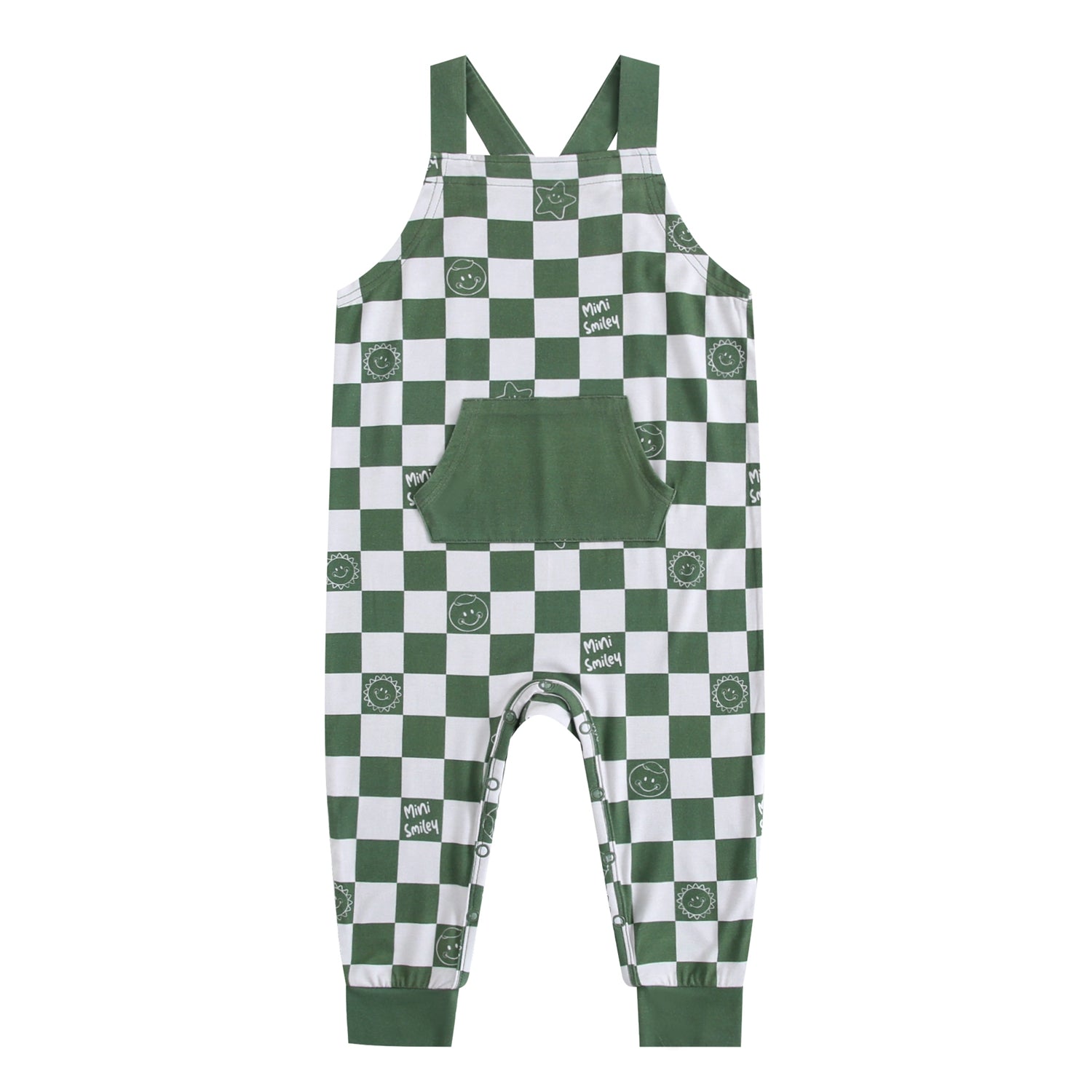Green and white checkered overalls with smiley face prints and a green pocket.