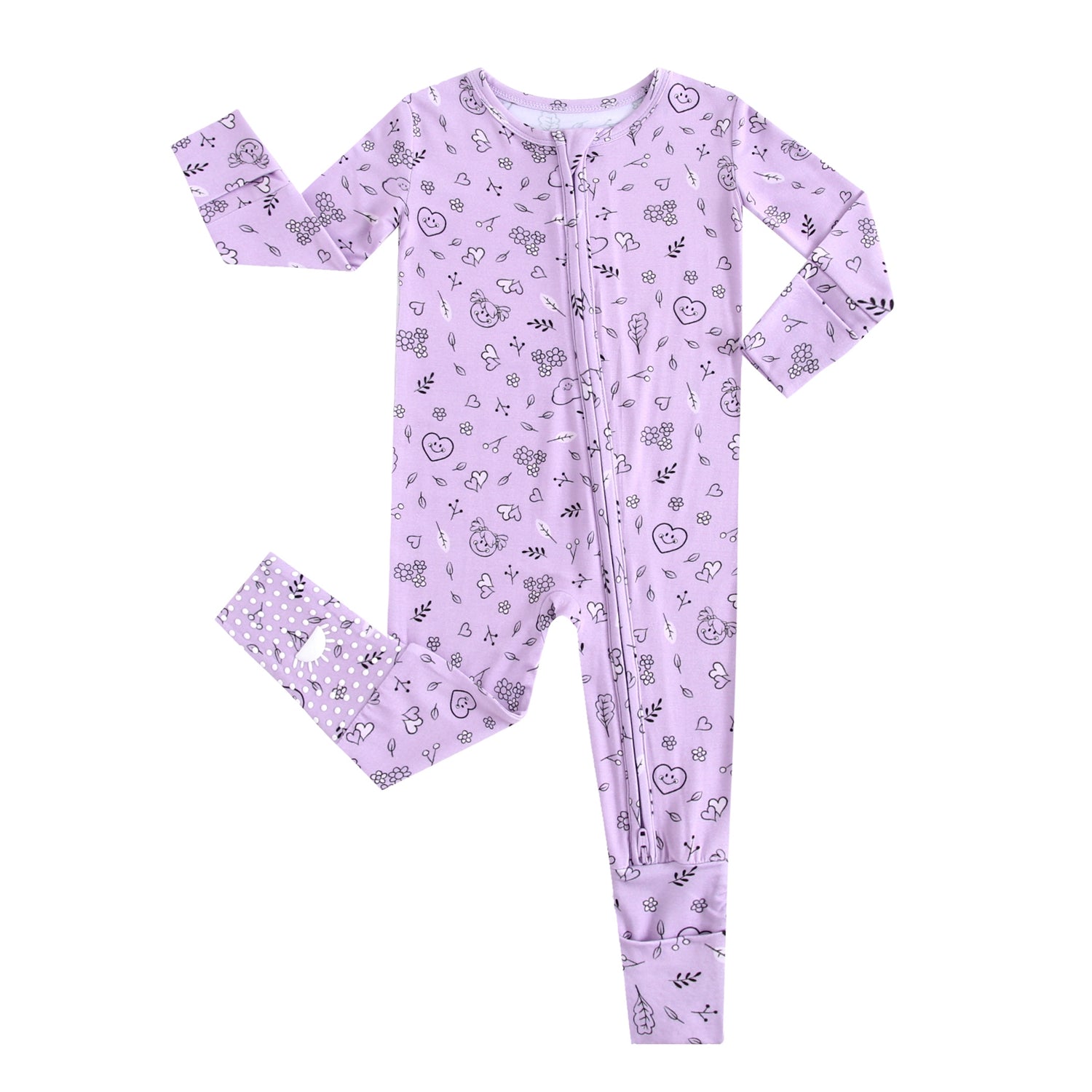 A lilac bamboo zippered pajama set with a doodle print.