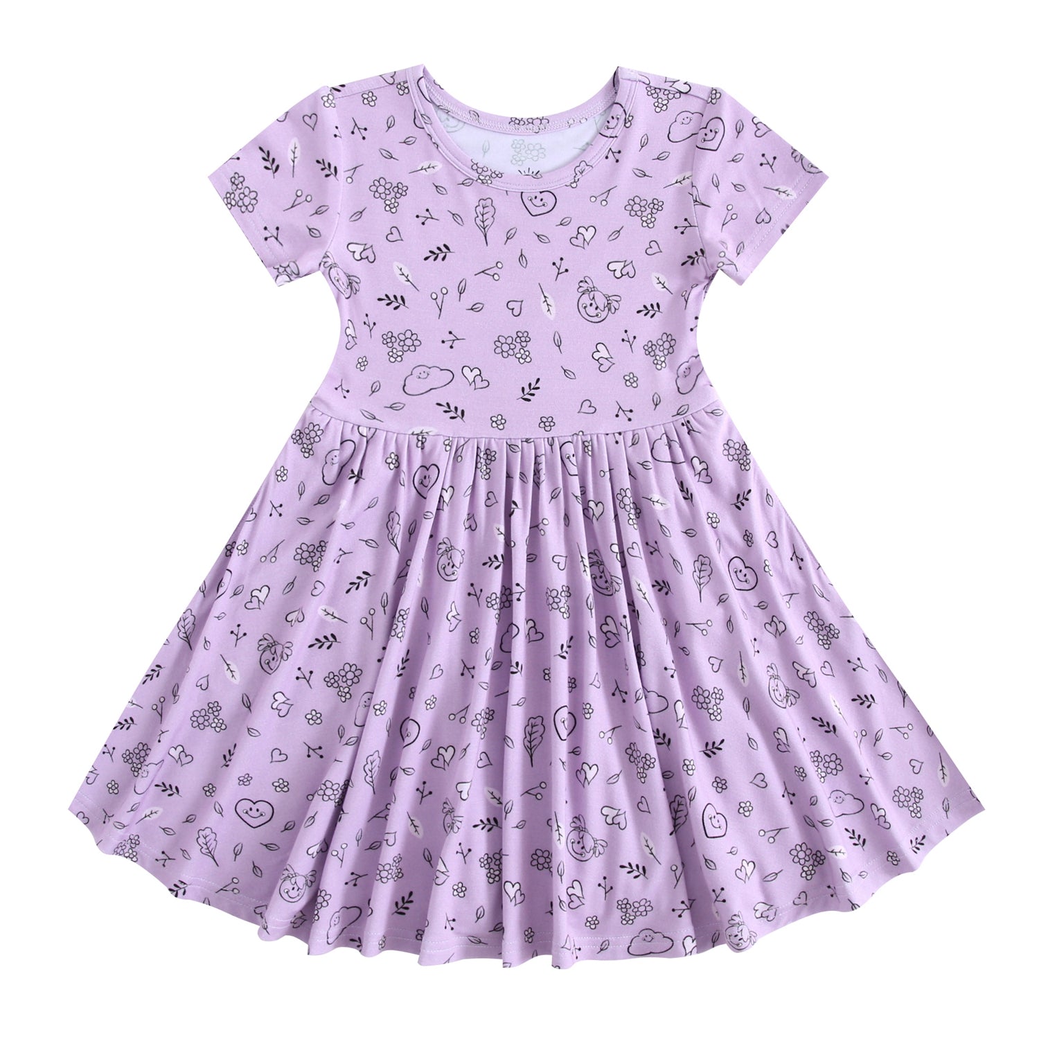 A lilac dress with a doodle print of smiley faces, hearts, and flowers.