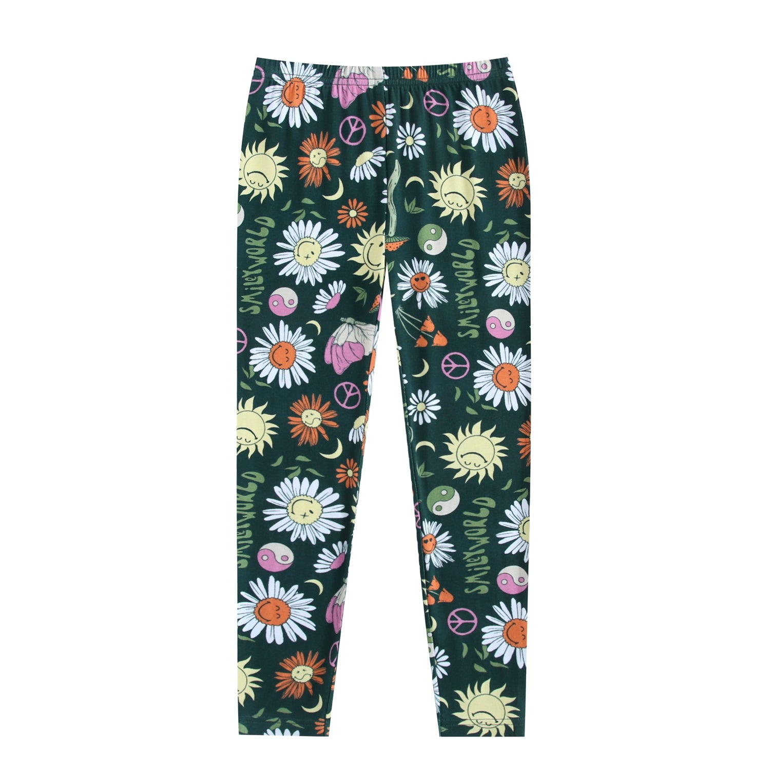 Green leggings with a SmileyWorld groovy floral print.