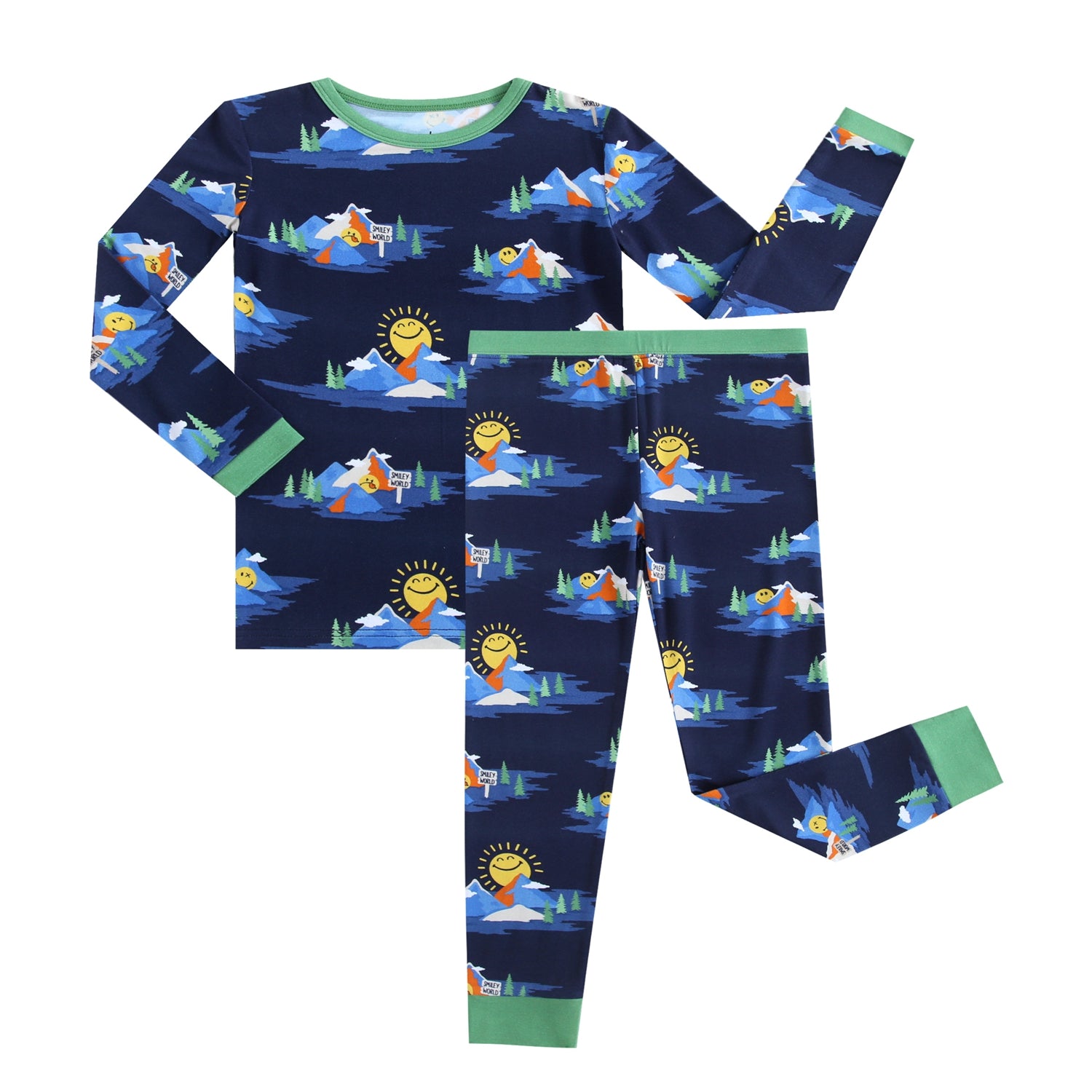 A navy blue pajama set with a Mount SmileyWorld print and green trim.