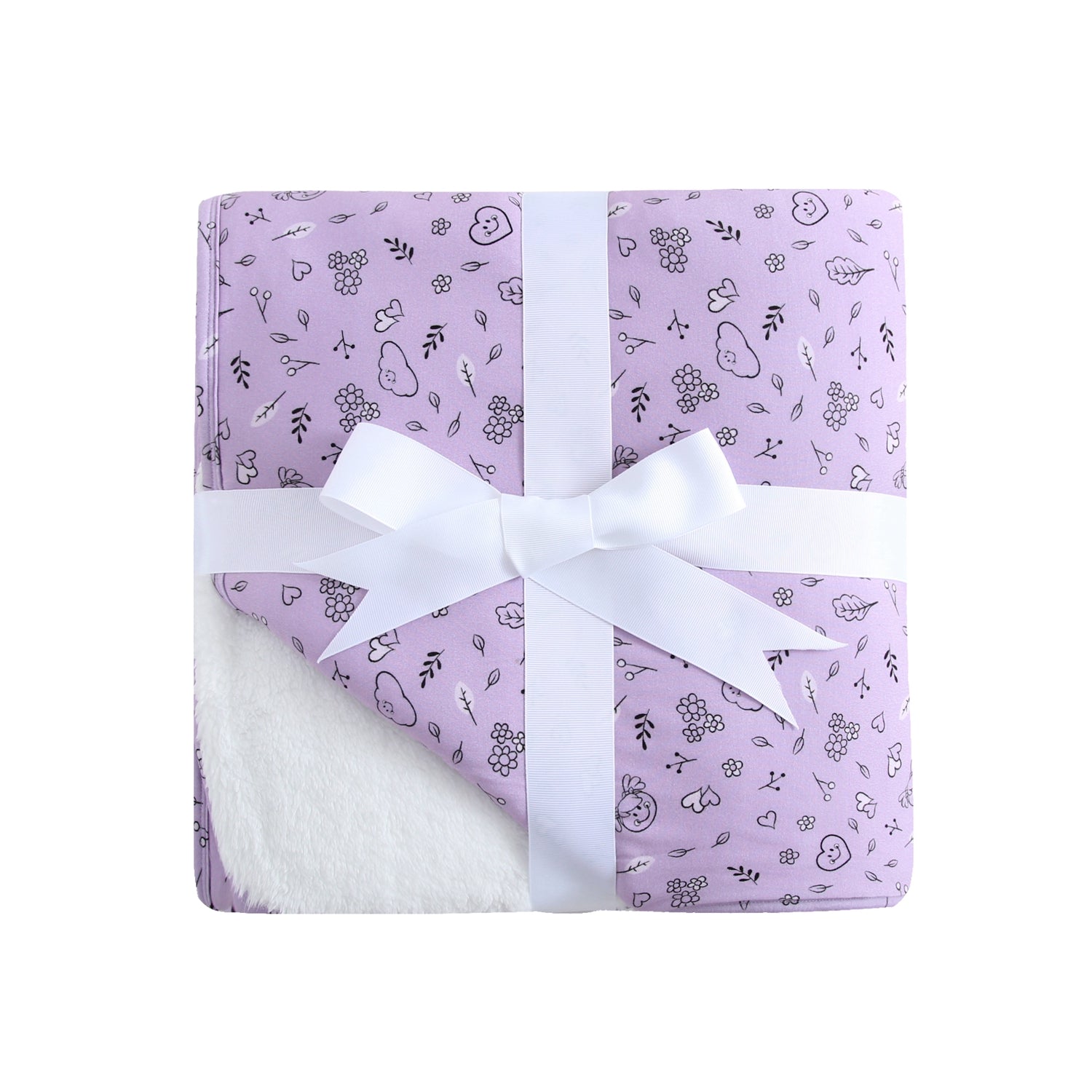 A lilac doodle plushy blanket with a white ribbon.