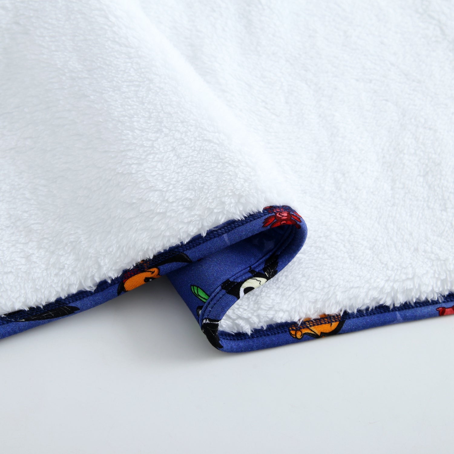 A white plush blanket with a blue trim featuring Halloween Neopets characters.