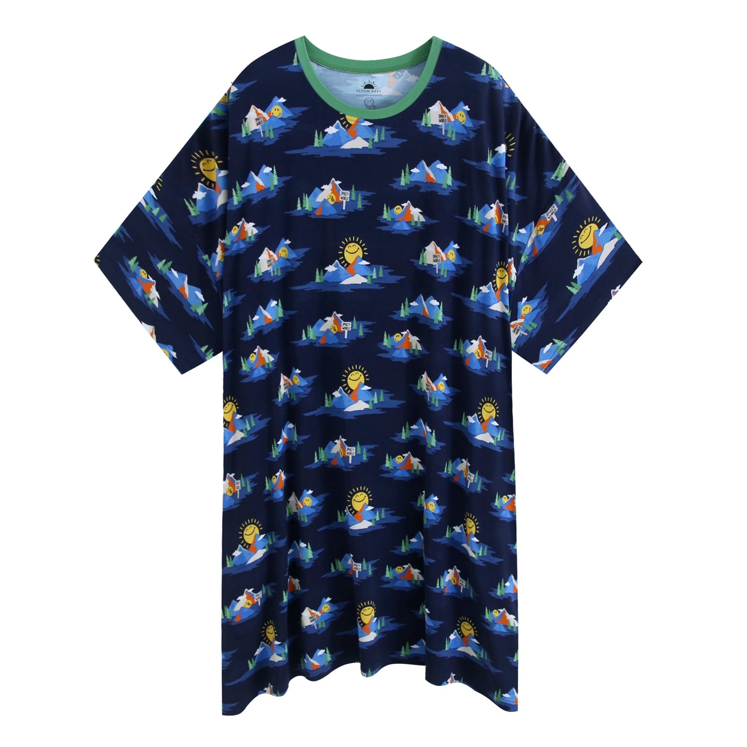 Navy blue sleep tee with a repeating Mount SmileyWorld print and green trim.