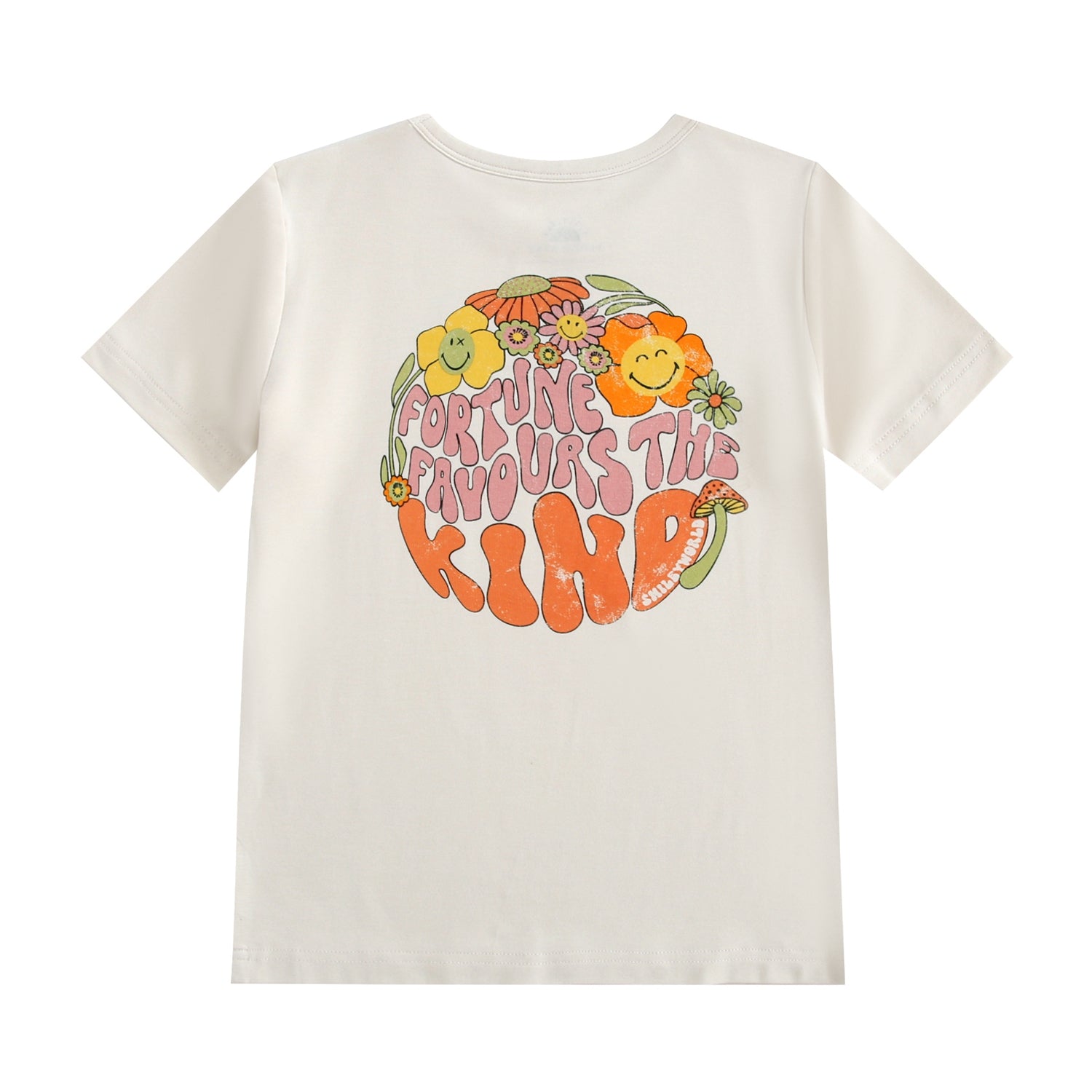Cream t-shirt with a circular graphic of flowers and the text "Fortune Favours The Kind".