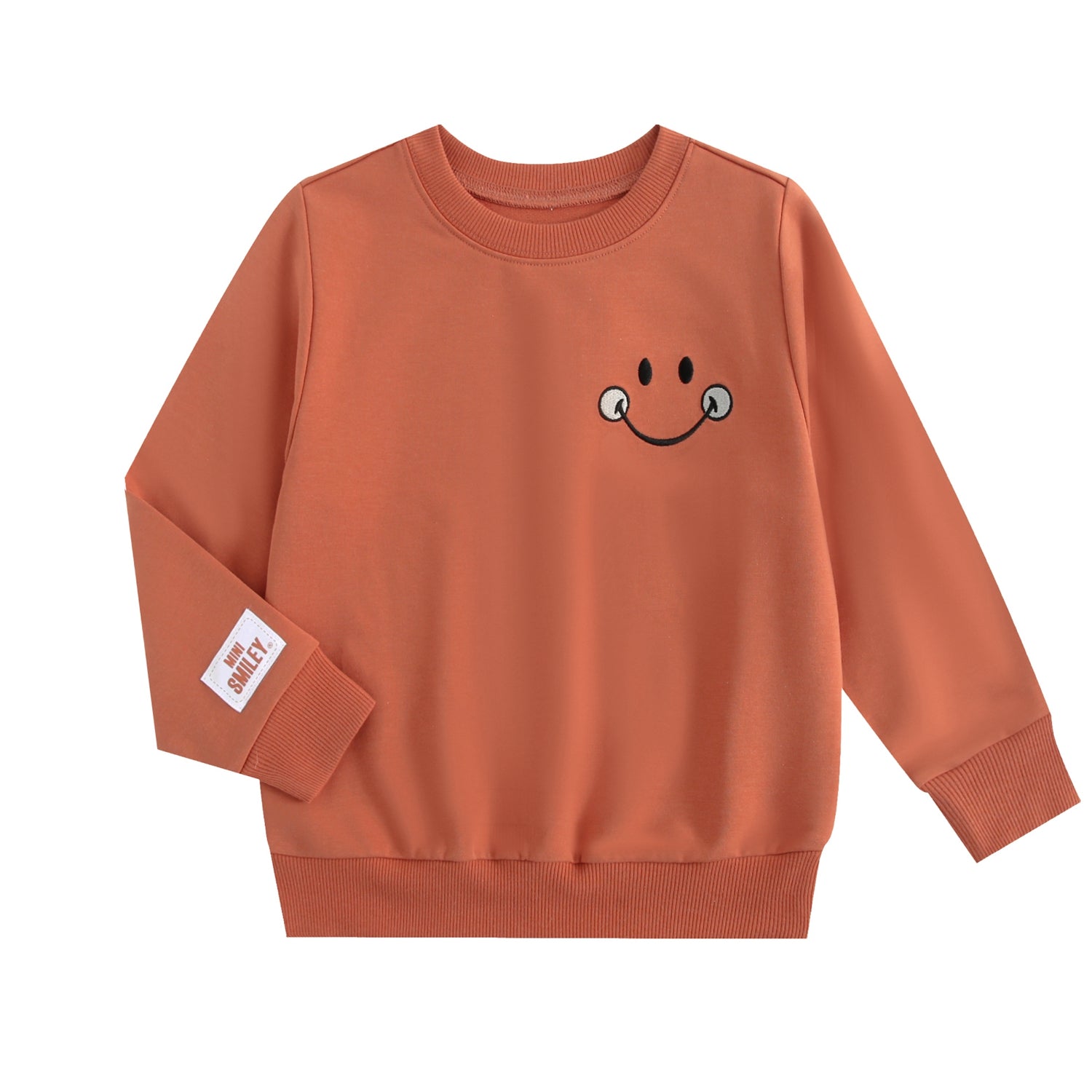Orange crewneck sweatshirt with a smiley face graphic and a "Mini Smiley" tag.