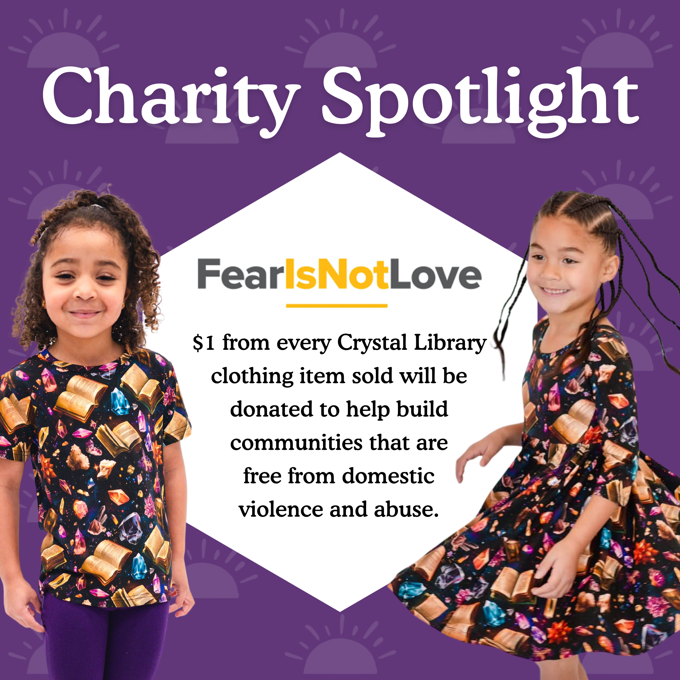 Two young girls wear clothing with a print of books and crystals.