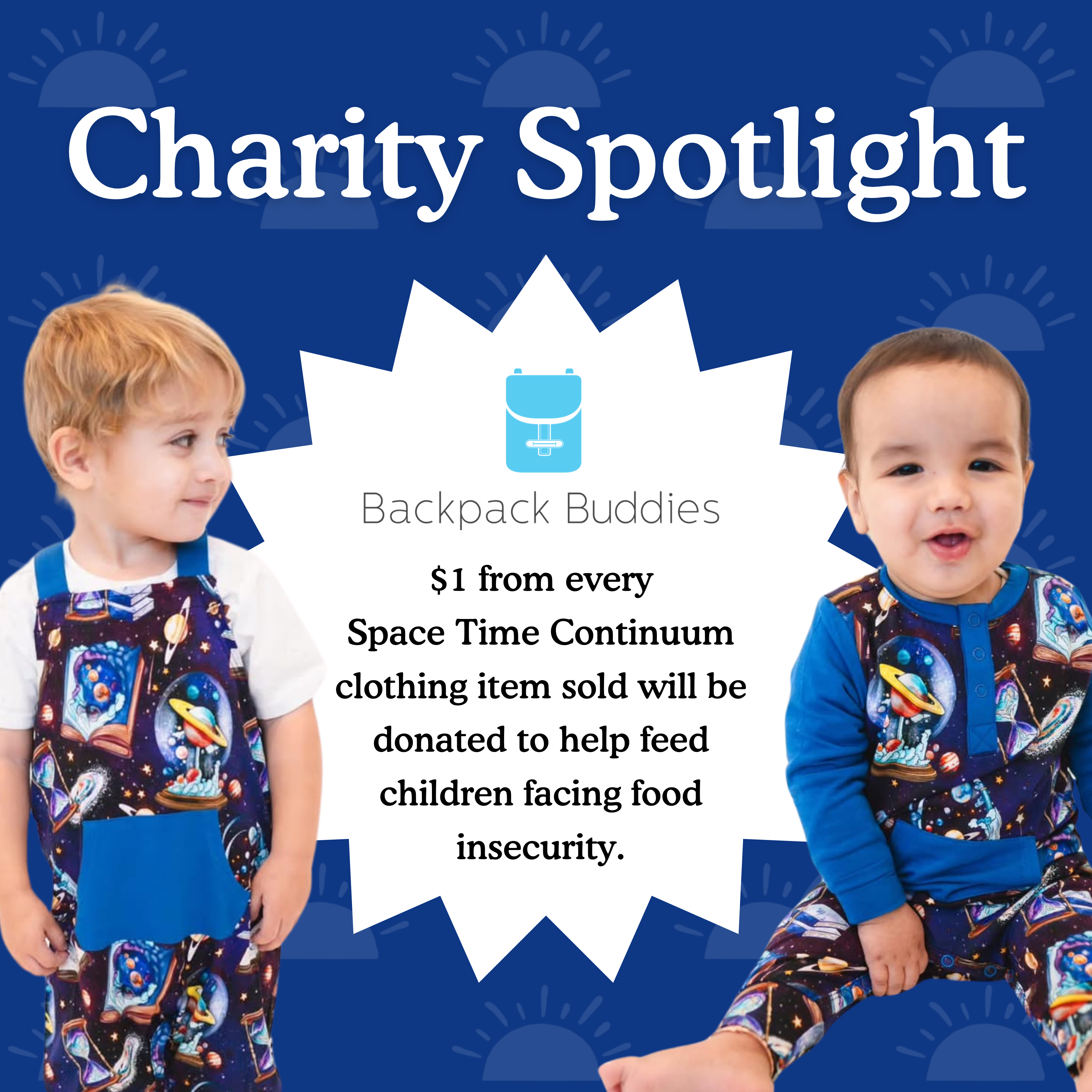 Children in space-themed clothing, promoting a charity donation.