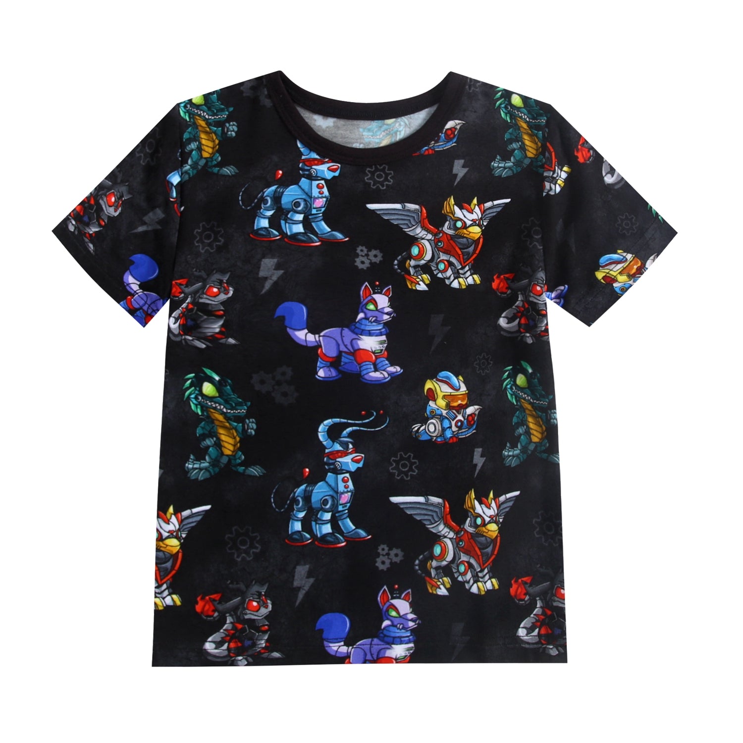 Black t-shirt with a repeating pattern of colorful robot animals.