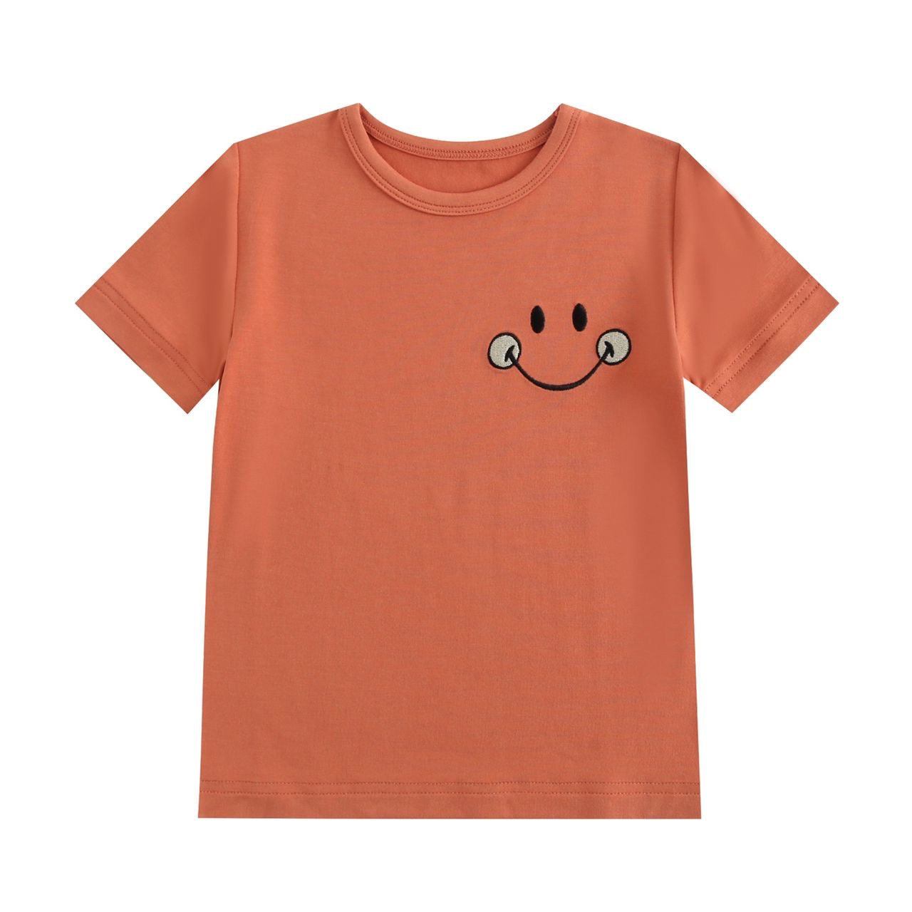 Orange t-shirt with a small embroidered smiley face.