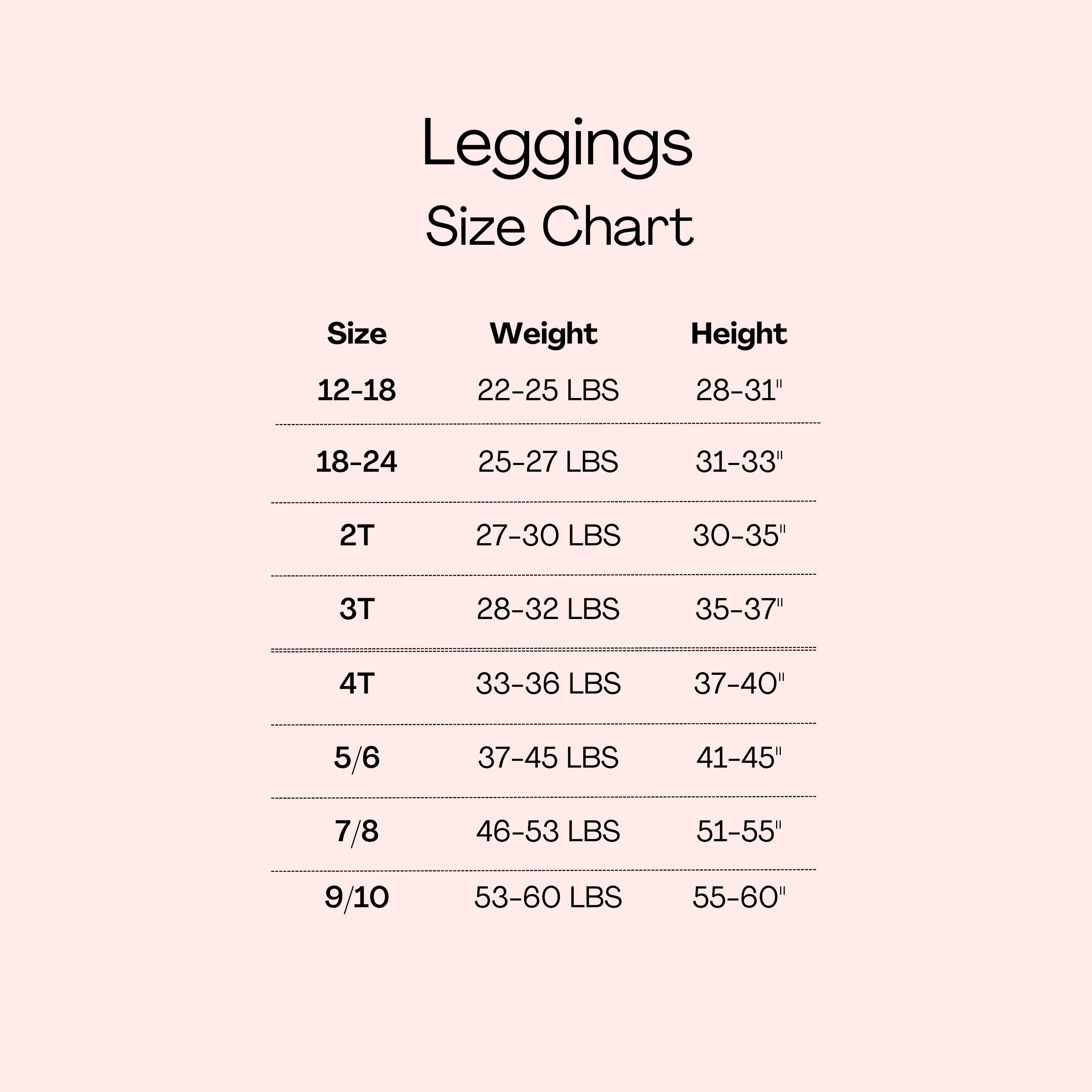 Leggings size chart with sizes, weights, and heights.