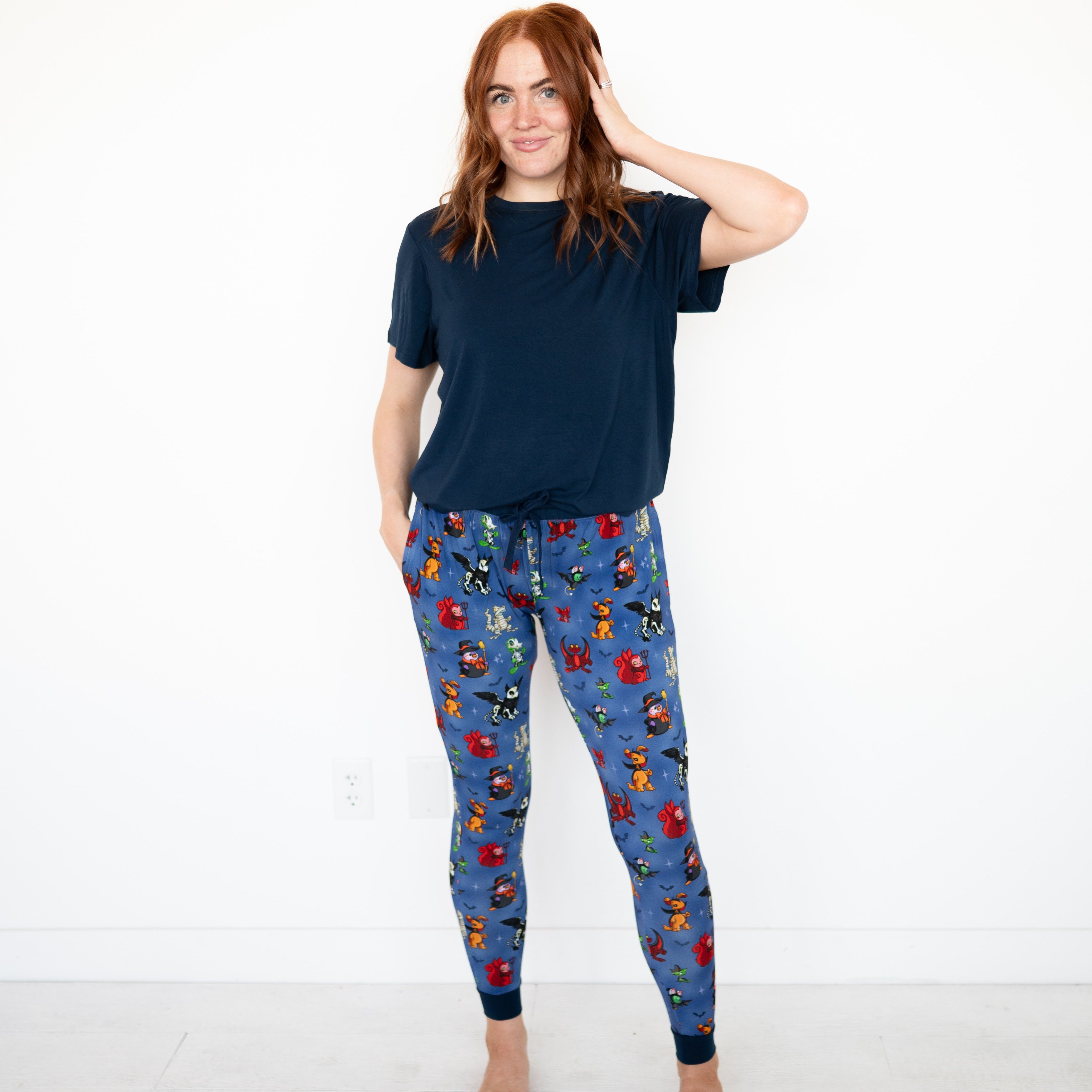 Women's blue joggers with a Halloween Neopets print.