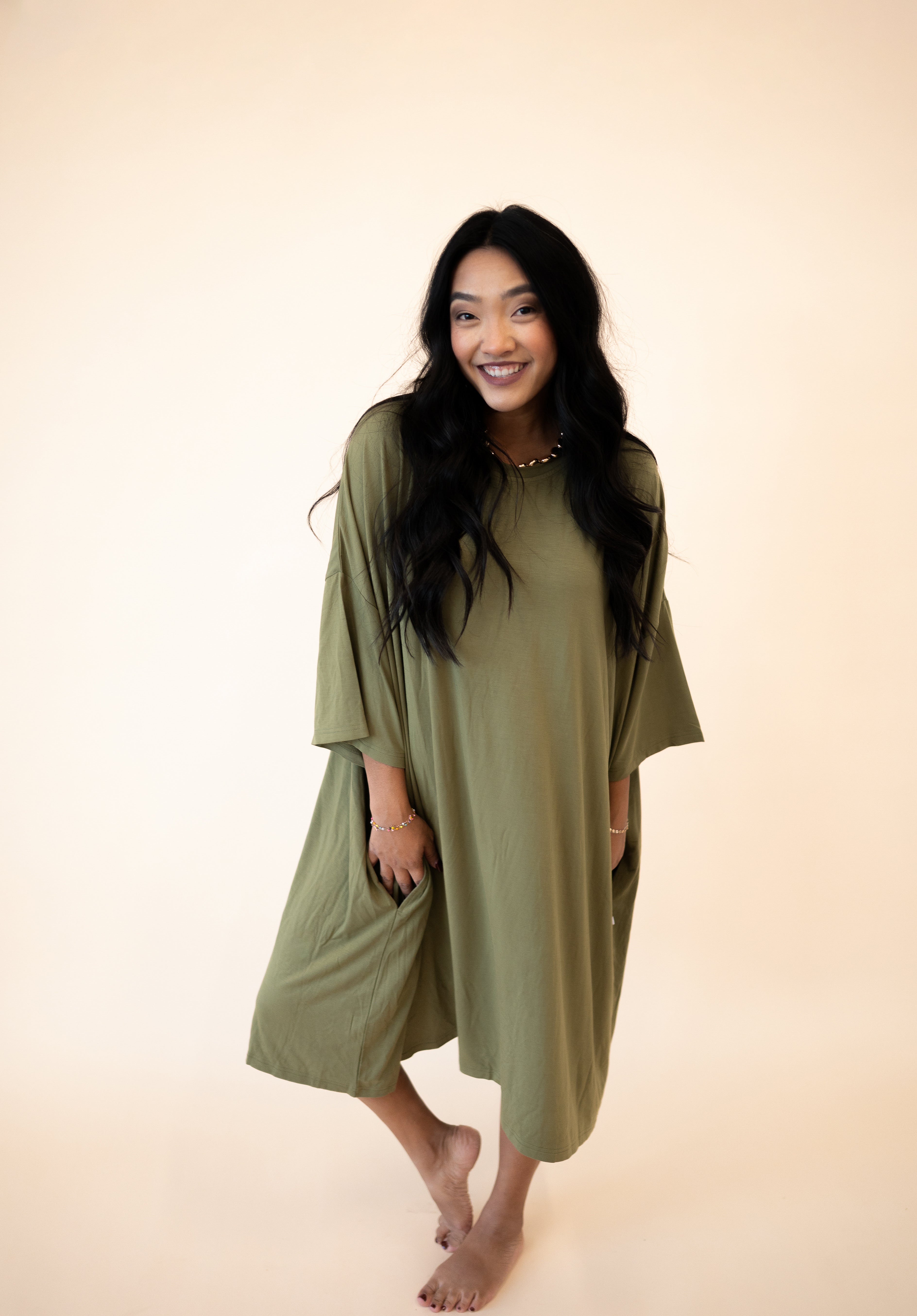 Olive green Tencel Modal oversized sleep tee with pockets.
