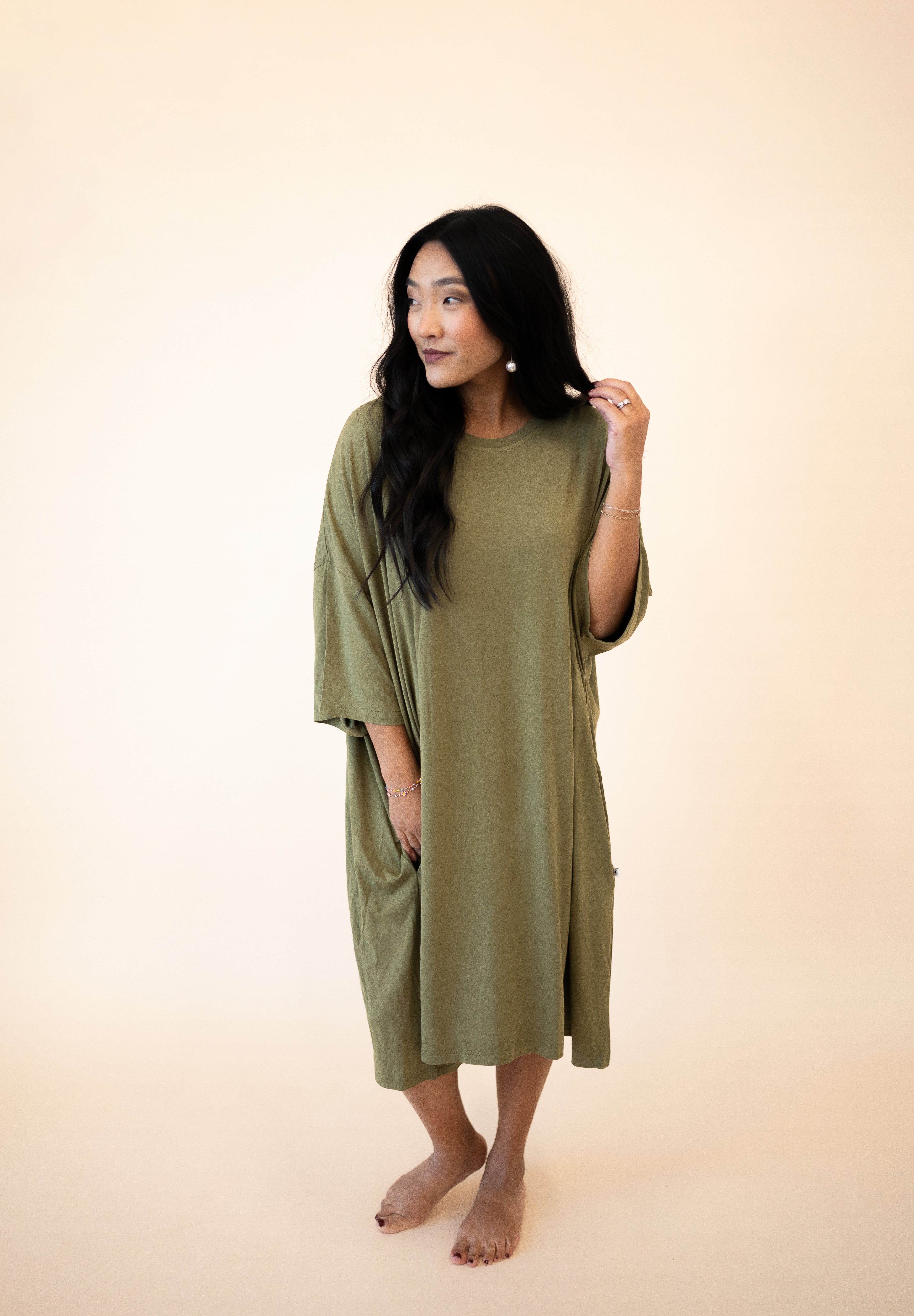 Olive green Tencel Modal oversized sleep tee with pockets.