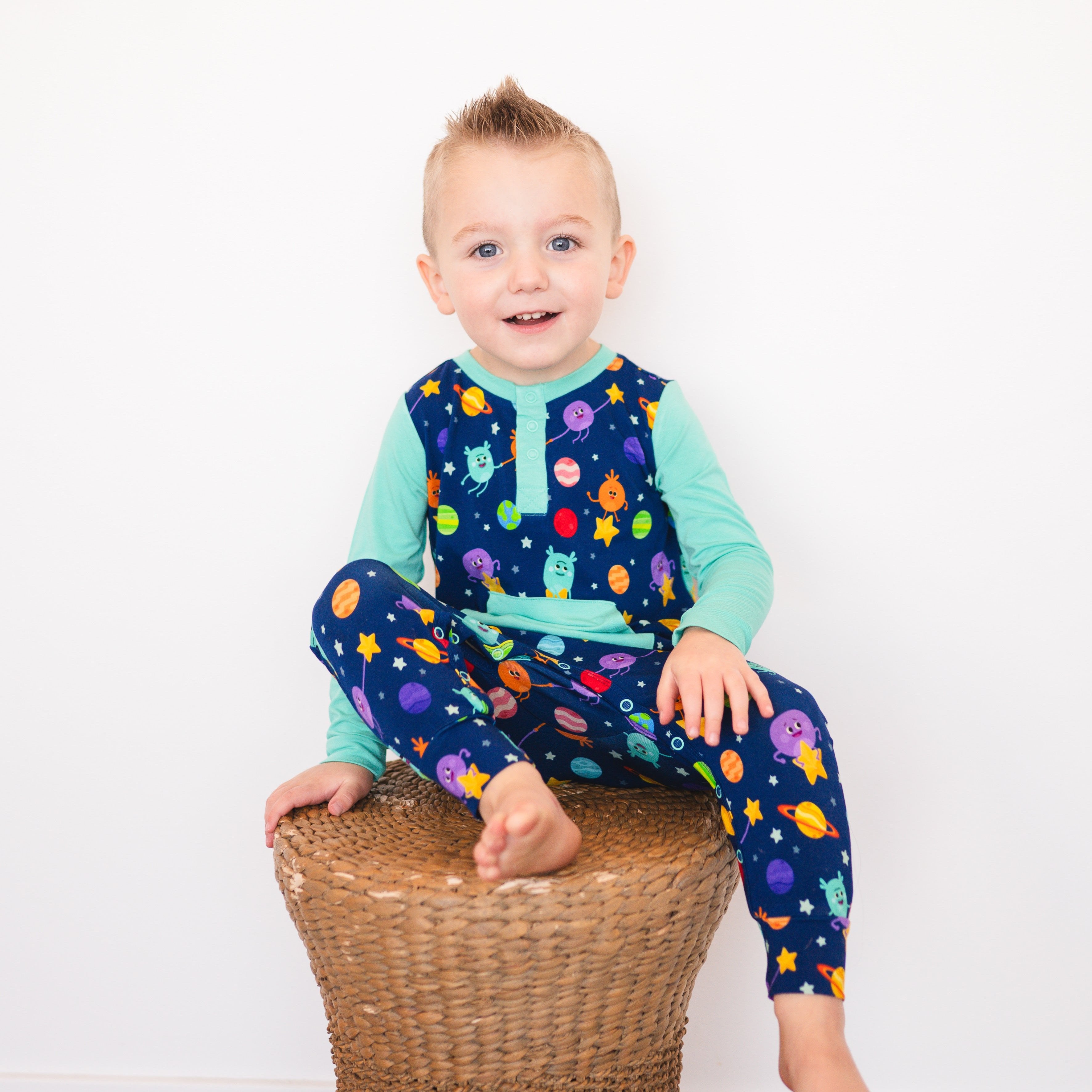 Henley Play Romper - Super Simple - The Bumble Nums in Space - Luxe Bamboo