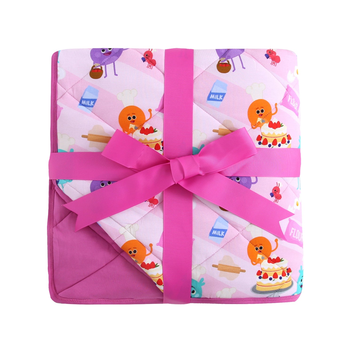 A pink quilted blanket with a baking-themed print, tied with a pink ribbon.