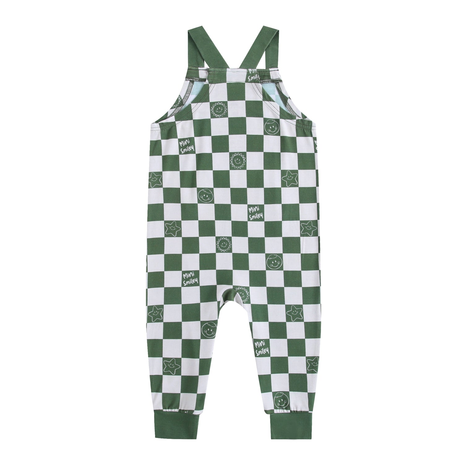 Green and white checkered overalls with smiley face and star prints.
