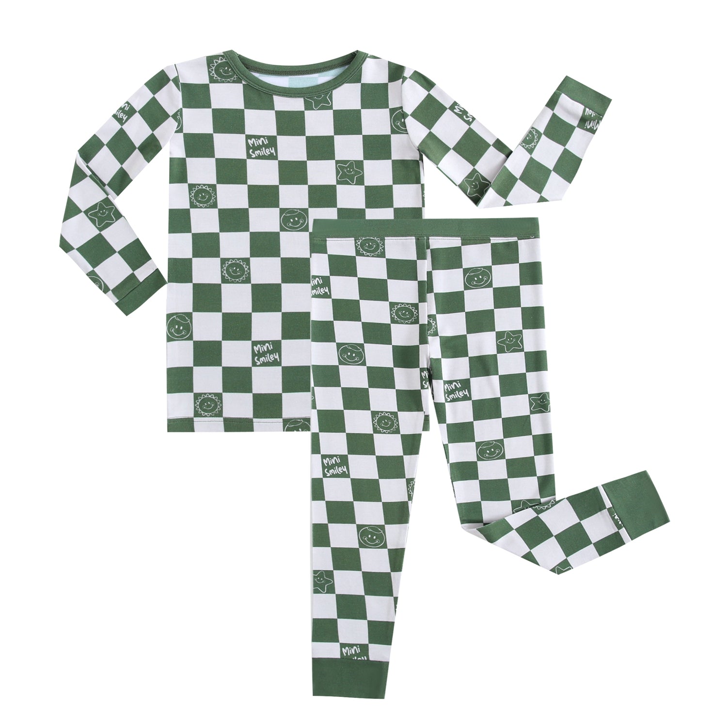 A green and white checkered pajama set with smiley face and star prints.