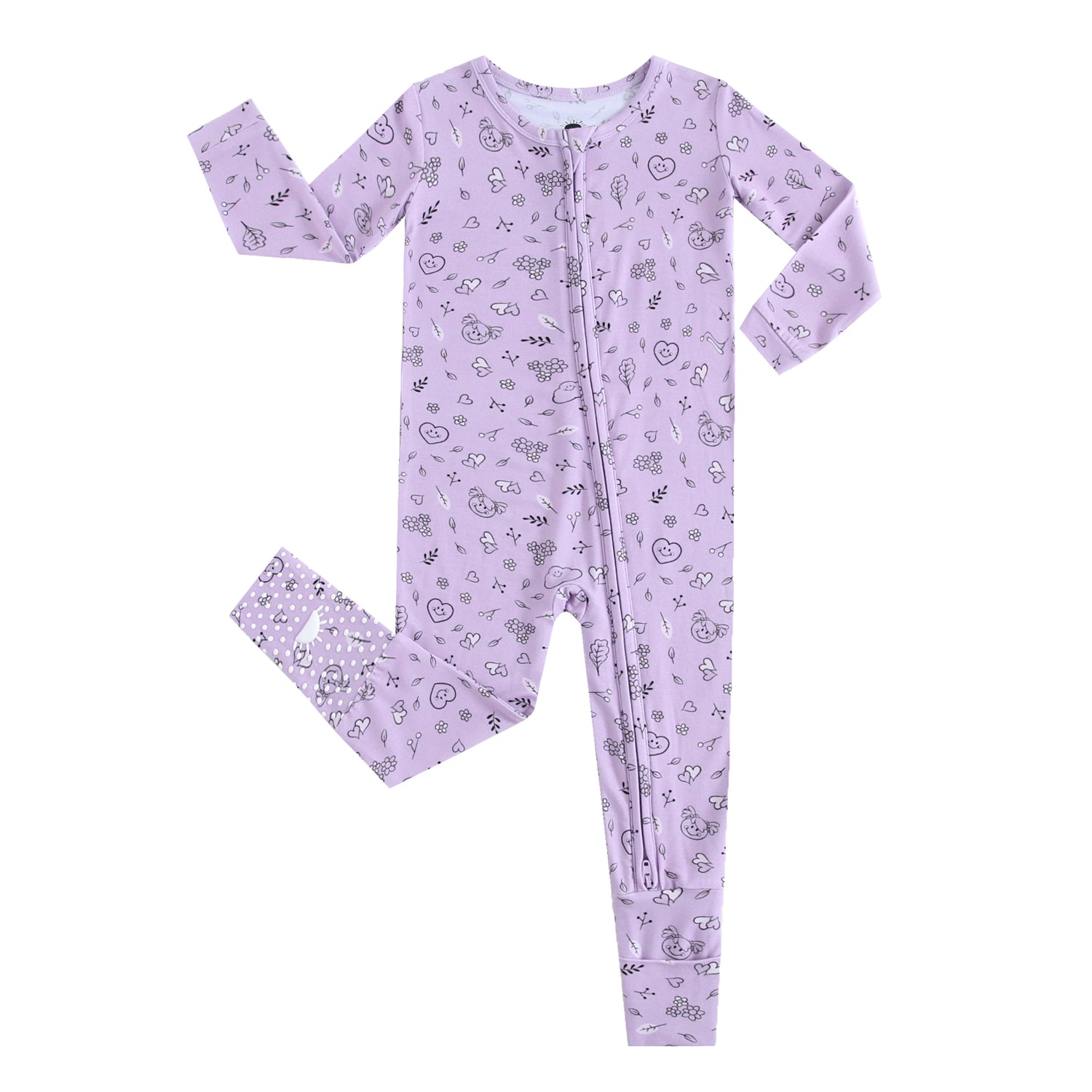 A lilac bamboo pajama with a doodle print and a zipper.
