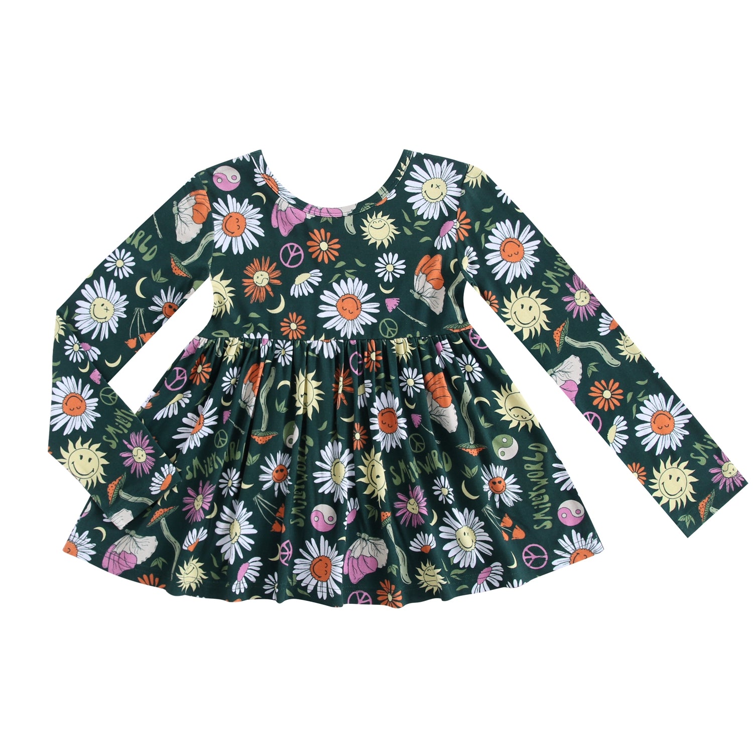 A long-sleeved green peplum top with a groovy floral and smiley face print.