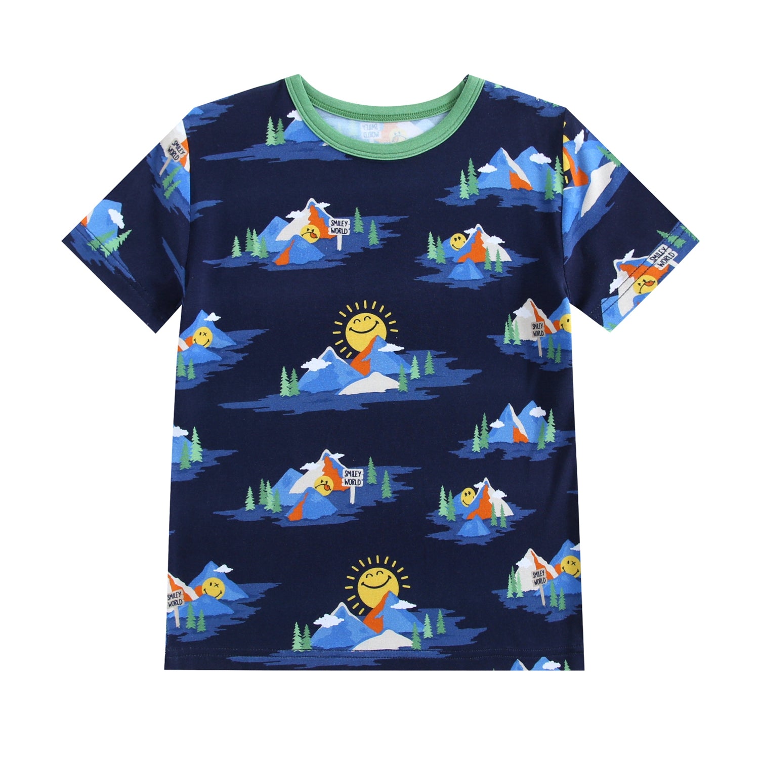 T-shirt with a navy blue background and a repeating print of mountains, trees, and smiley faces.