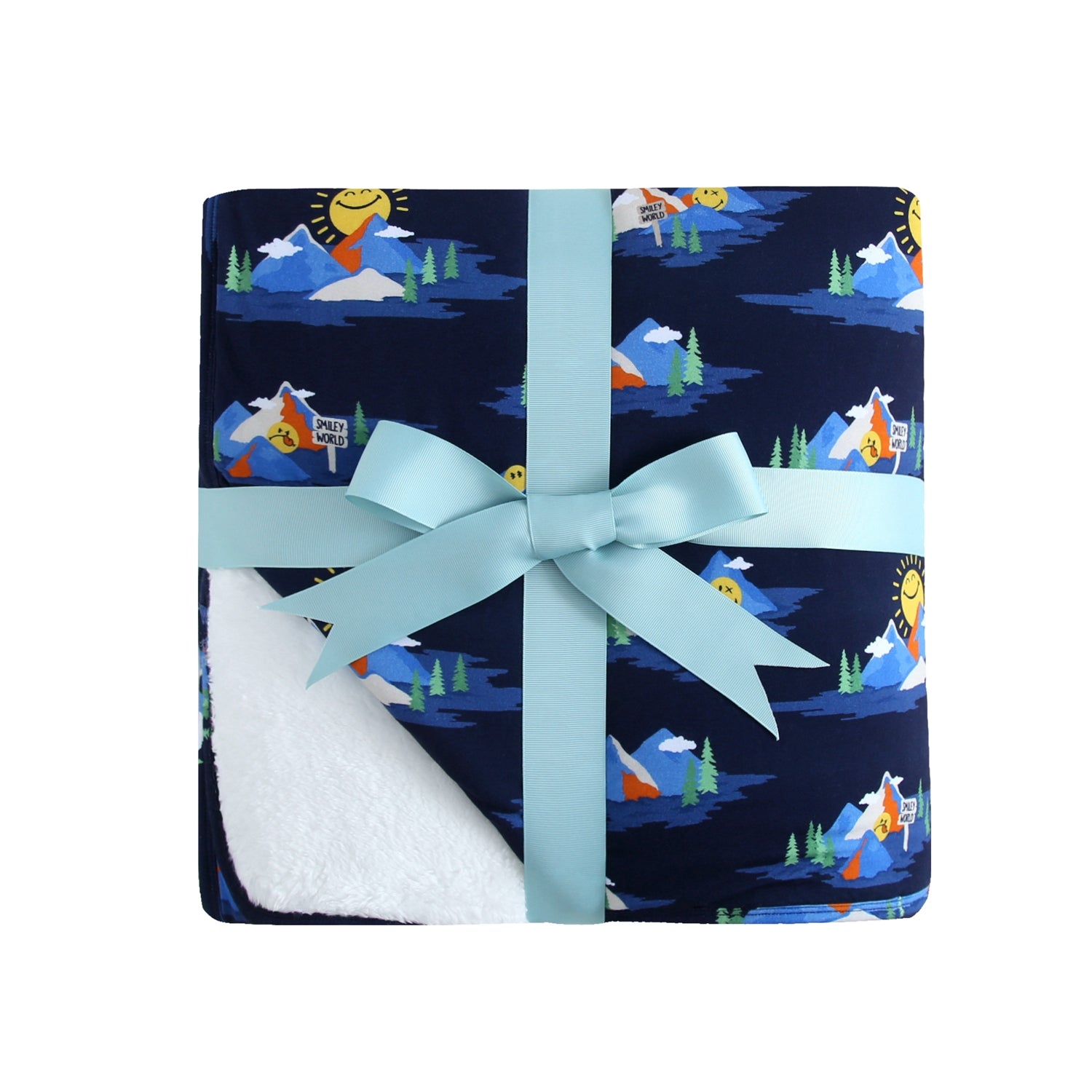 A navy blue blanket with a SmileyWorld mountain print, tied with a light blue ribbon.
