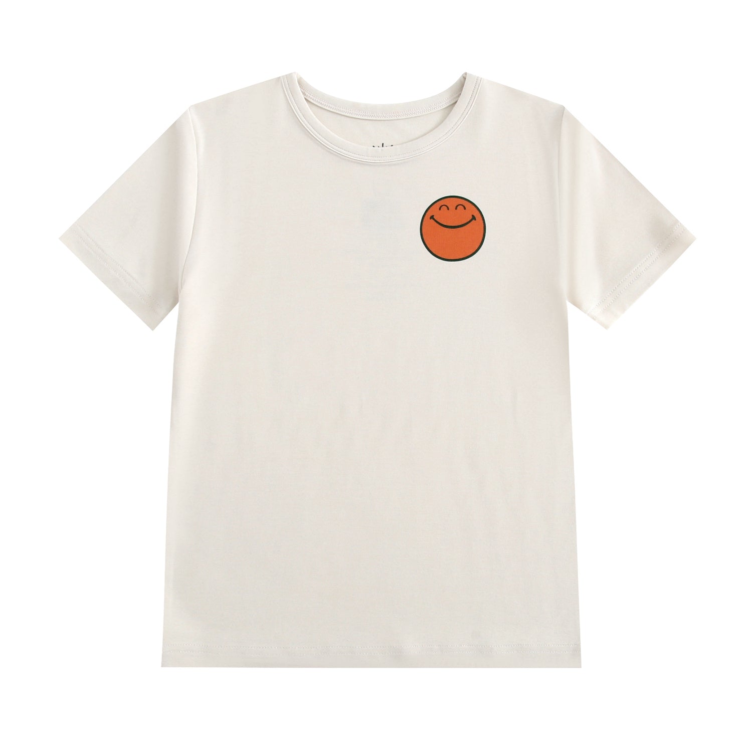 Cream t-shirt with a smiley face graphic.