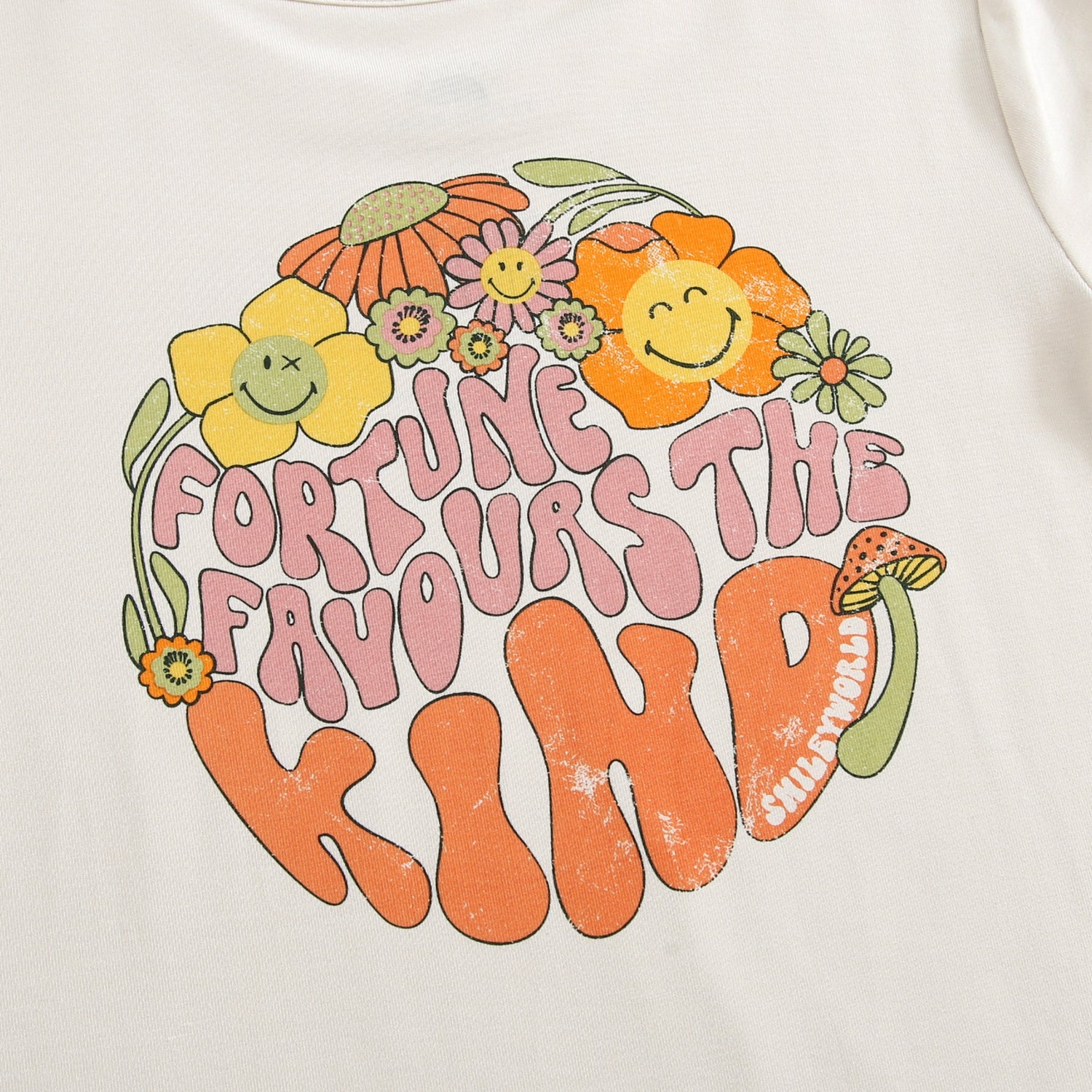 T-shirt with a retro floral design and the text "Fortune Favors the Kind".