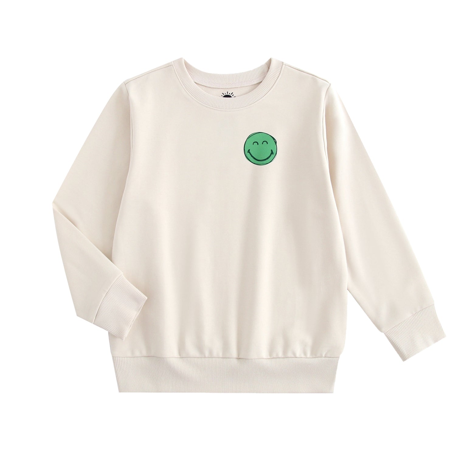 Cream crewneck sweatshirt with a green smiley face graphic.