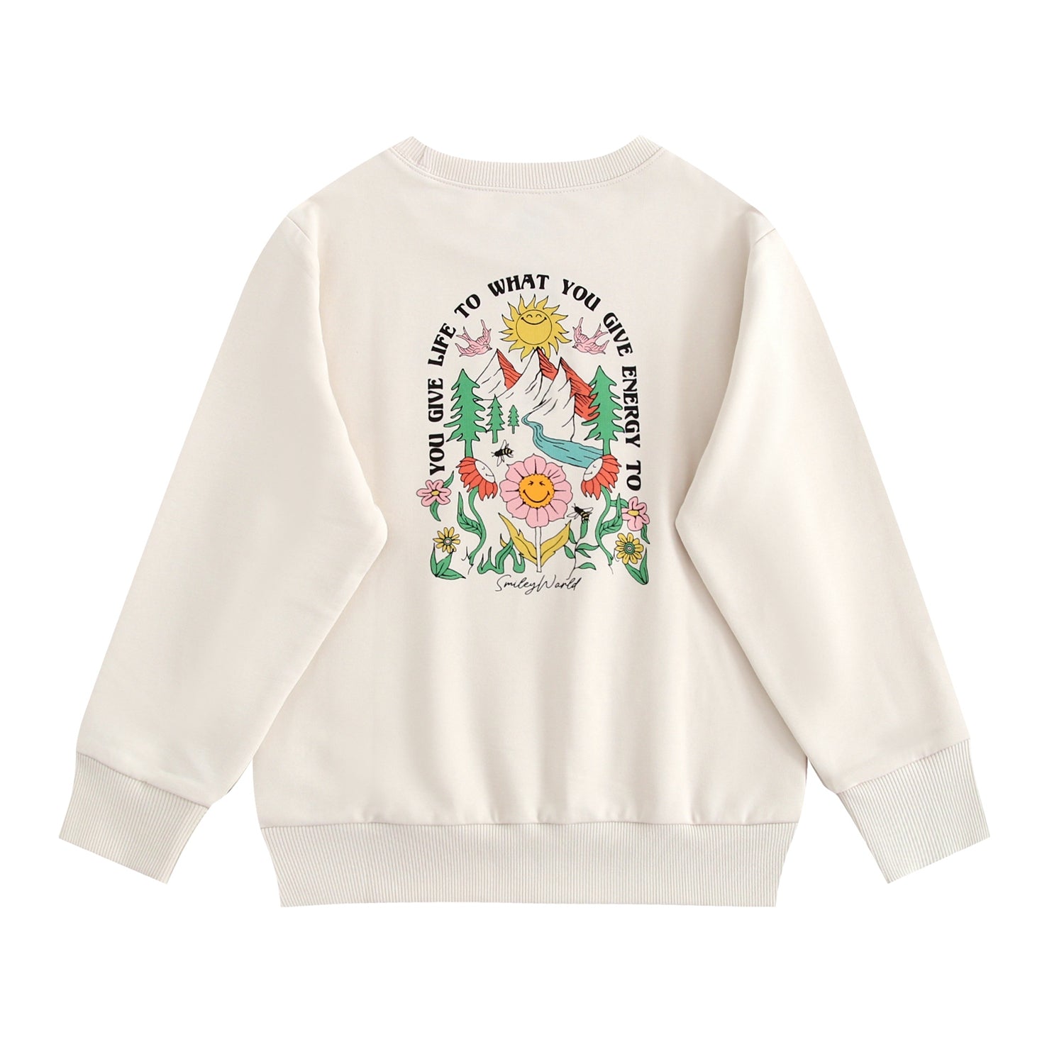 Cream crewneck sweatshirt with a colorful SmileyWorld graphic and uplifting message.
