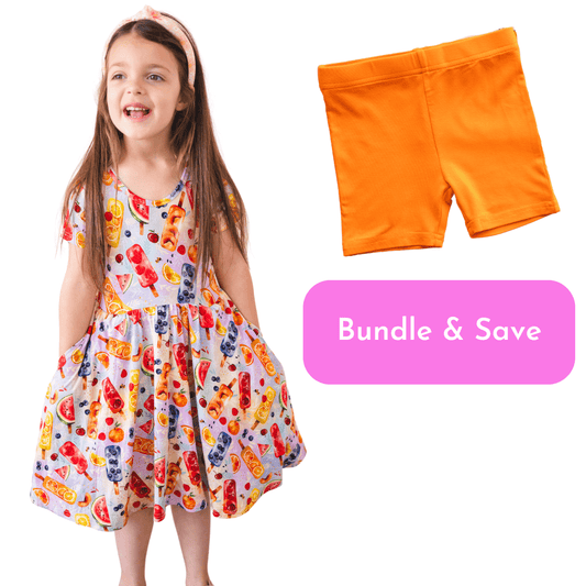 Tutti Fruiti Dress + Shroomy Orange Biker Shorts Bundle