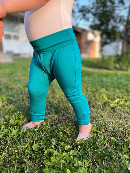 Blue bamboo 'Grow with Me' pants for babies/toddlers. Ploom Baby.